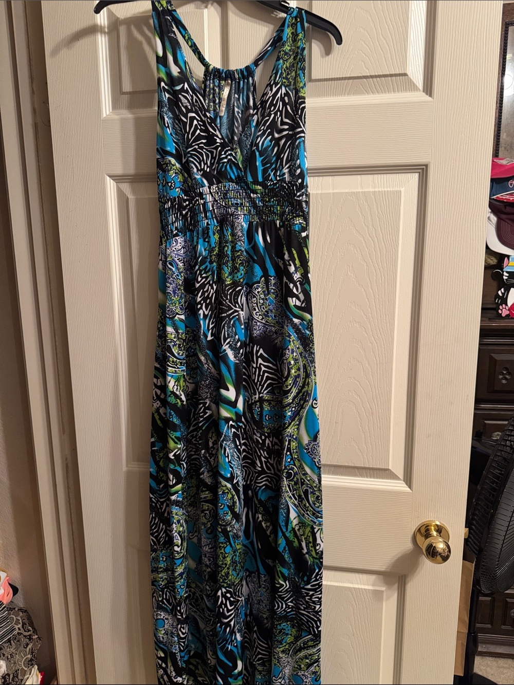 Long aqua green and black dress